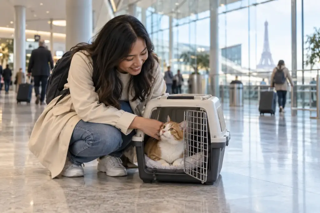 Indonesian owner greeting a ginger-and-white cat in a travel carrier at a Paris airport after pet relocation from Indonesia to France