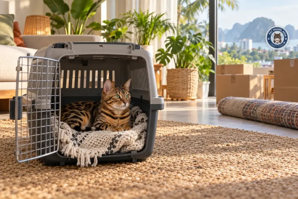 Bengal cat resting in an open travel crate with a familiar blanket in a sunlit apartment living room, weeks ahead of a pet relocation