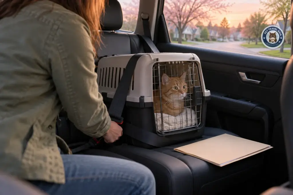 Owner buckling a ginger tabby cat's travel carrier into the back seat of a car at dawn in a US suburb, with a document folder beside it, before a pet move to Vietnam